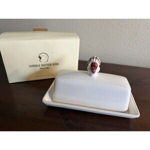 POTTERY BARN CERAMIC GOBBLE COVERED BUTTER DISH WITH TURKEY KNOB EUC